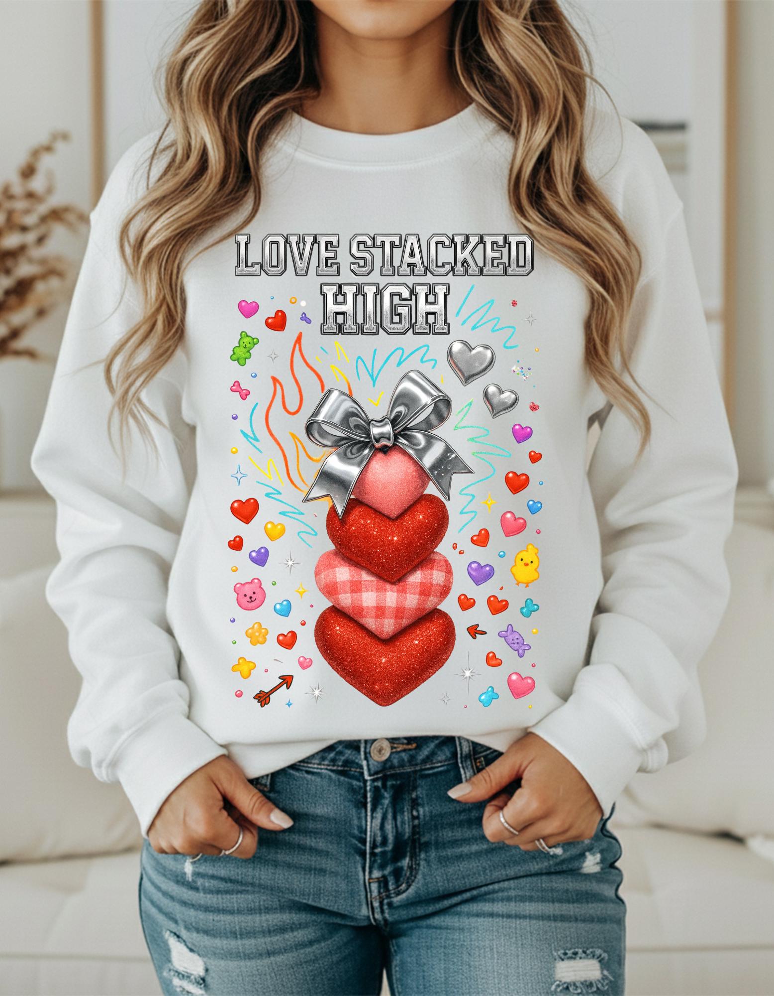 Stacked Hearts Ribbon Crewneck Sweatshirt Valentine Love Design Gift Unisex Cozy Apparel