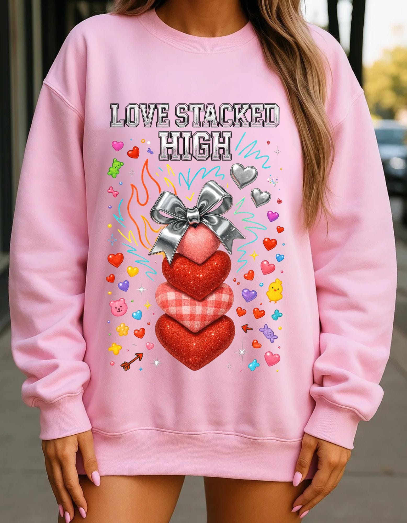 Stacked Hearts Ribbon Crewneck Sweatshirt Valentine Love Design Gift Unisex Cozy Apparel