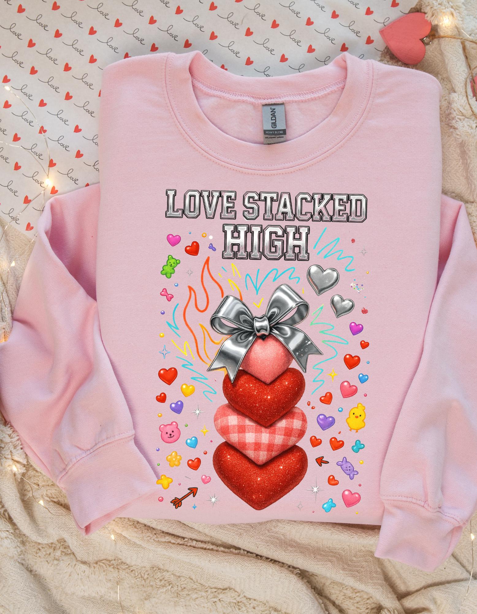 Stacked Hearts Ribbon Crewneck Sweatshirt Valentine Love Design Gift Unisex Cozy Apparel