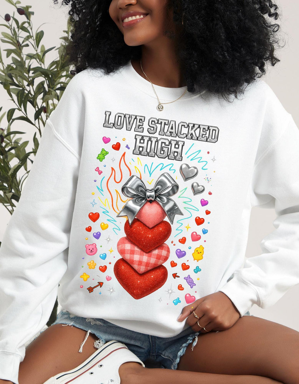 Stacked Hearts Ribbon Crewneck Sweatshirt Valentine Love Design Gift Unisex Cozy Apparel