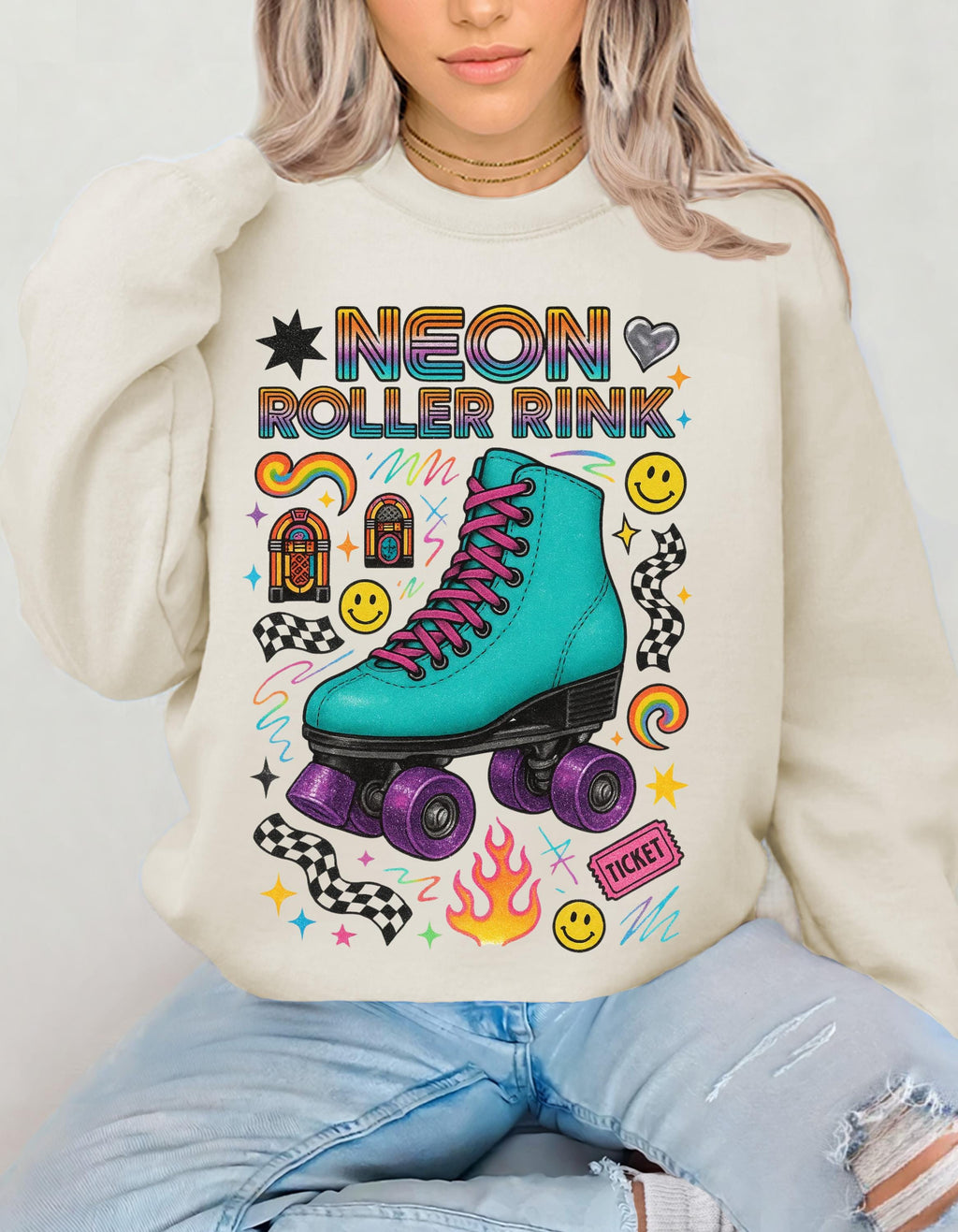 Neon Roller Rink Teal Skate Illustration Sweatshirt | 80s Retro Vintage Derby Pullover Gift