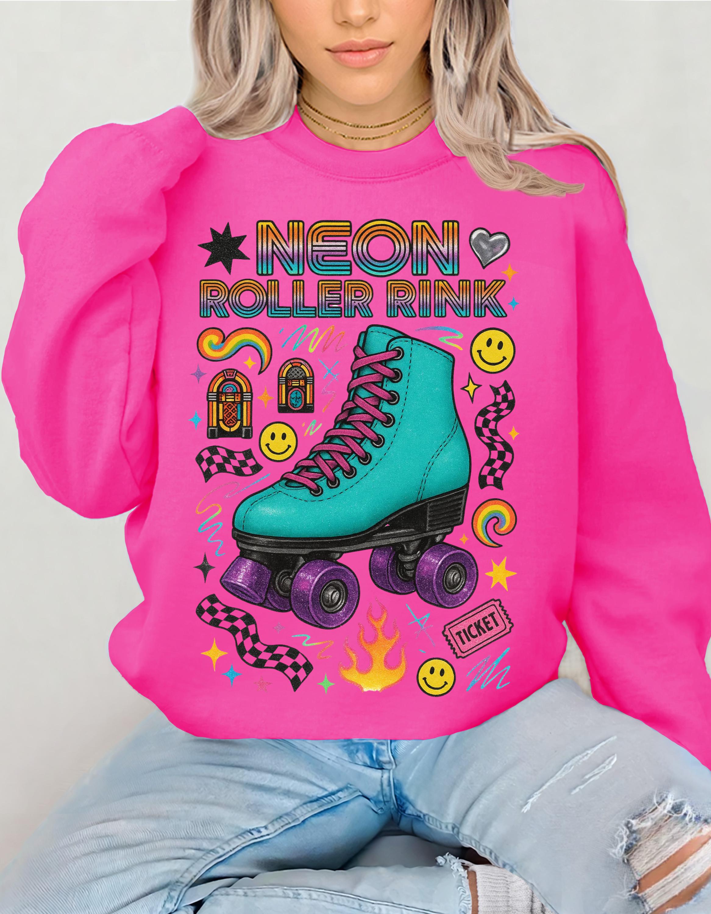Neon Roller Rink Teal Skate Illustration Sweatshirt | 80s Retro Vintage Derby Pullover Gift