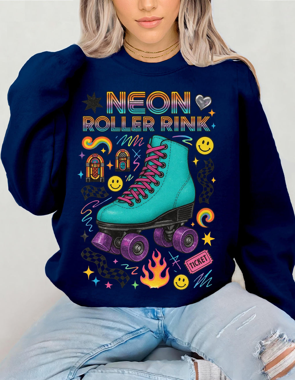 Neon Roller Rink Teal Skate Illustration Sweatshirt | 80s Retro Vintage Derby Pullover Gift