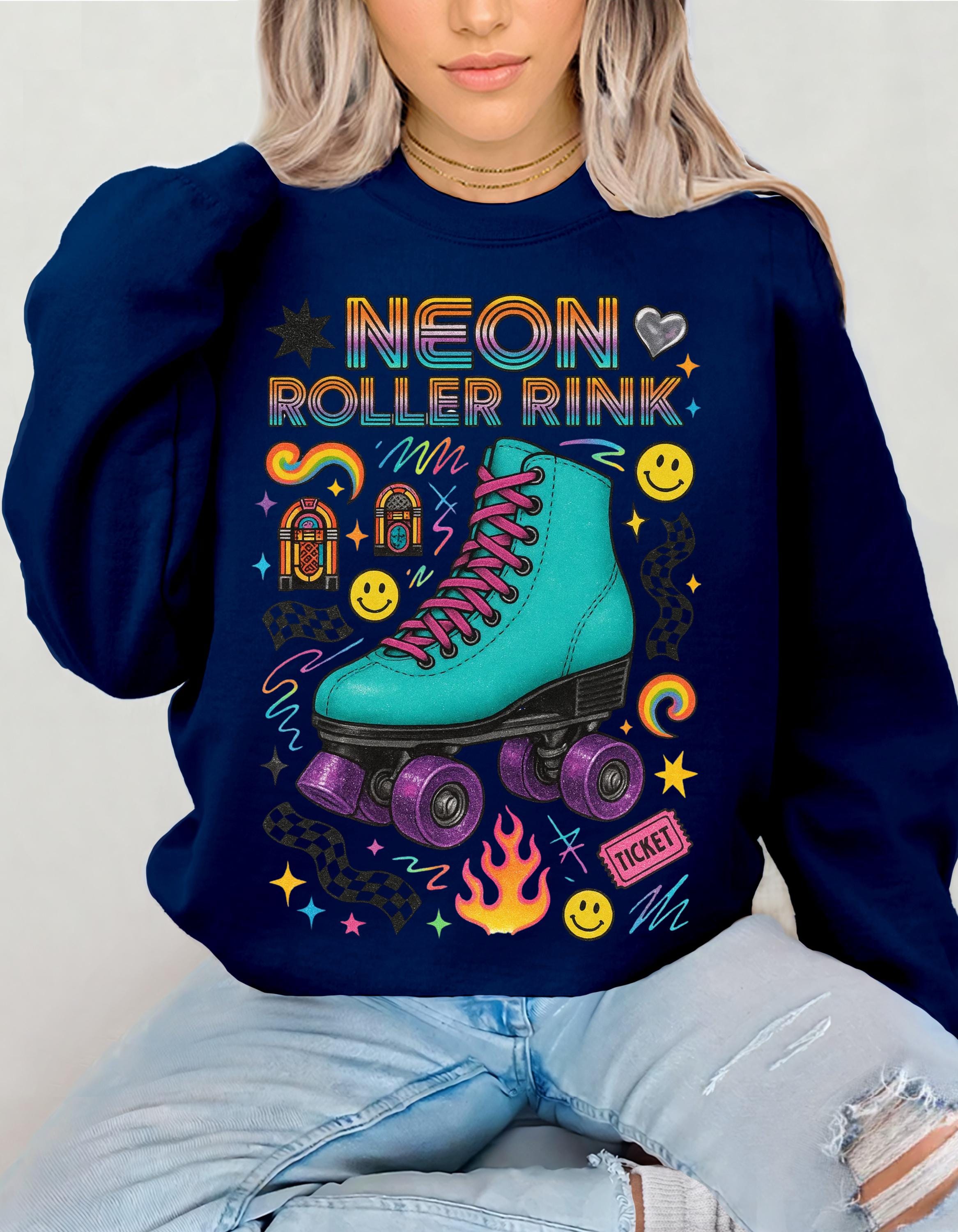Neon Roller Rink Teal Skate Illustration Sweatshirt | 80s Retro Vintage Derby Pullover Gift