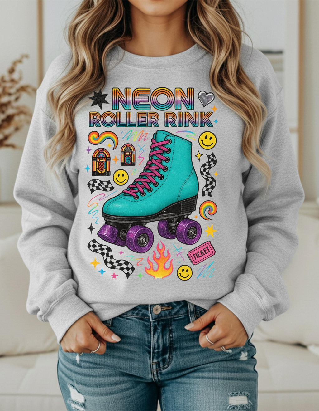 Neon Roller Rink Teal Skate Illustration Sweatshirt | 80s Retro Vintage Derby Pullover Gift