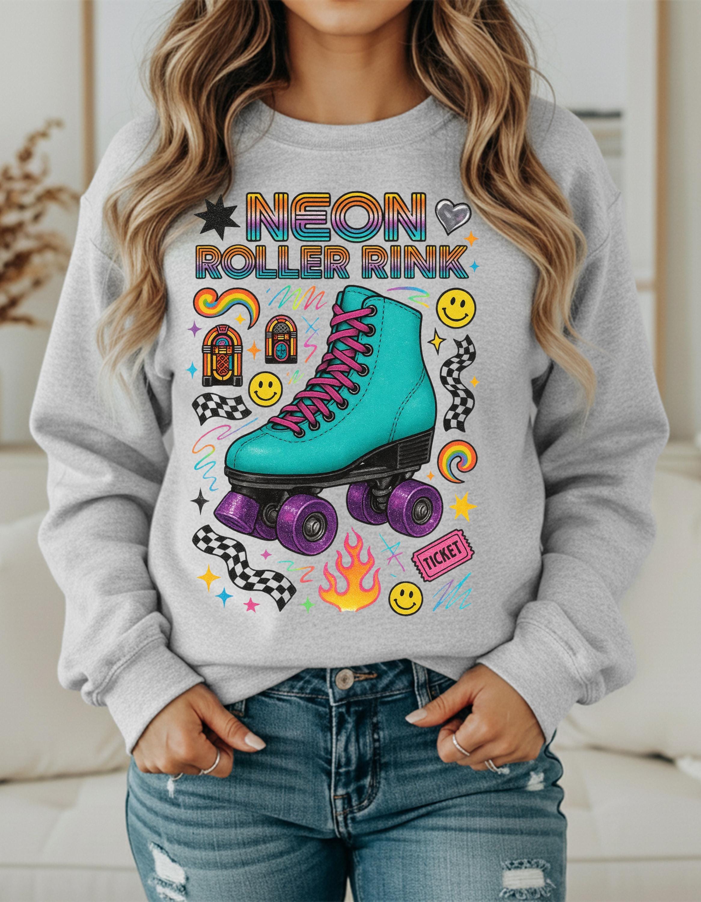 Neon Roller Rink Teal Skate Illustration Sweatshirt | 80s Retro Vintage Derby Pullover Gift