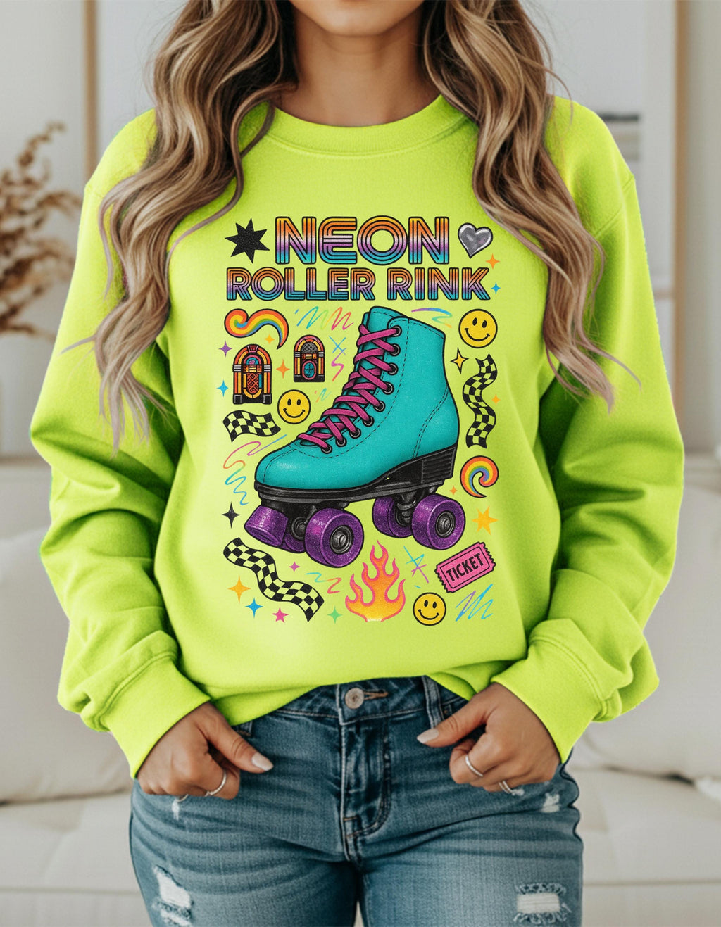 Neon Roller Rink Teal Skate Illustration Sweatshirt | 80s Retro Vintage Derby Pullover Gift