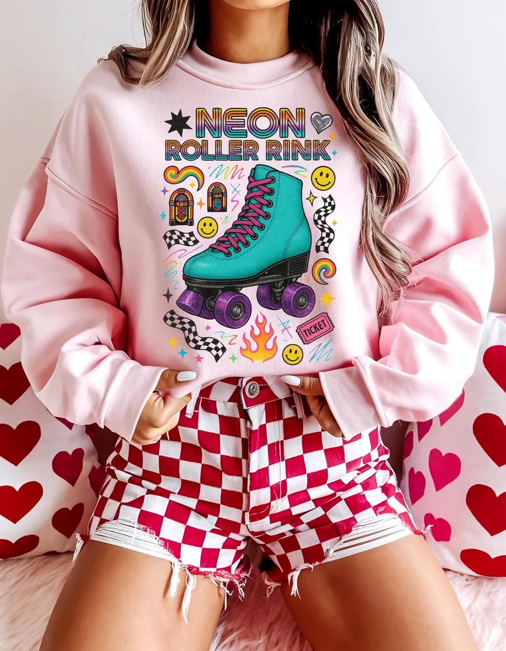 Neon Roller Rink Teal Skate Illustration Sweatshirt | 80s Retro Vintage Derby Pullover Gift
