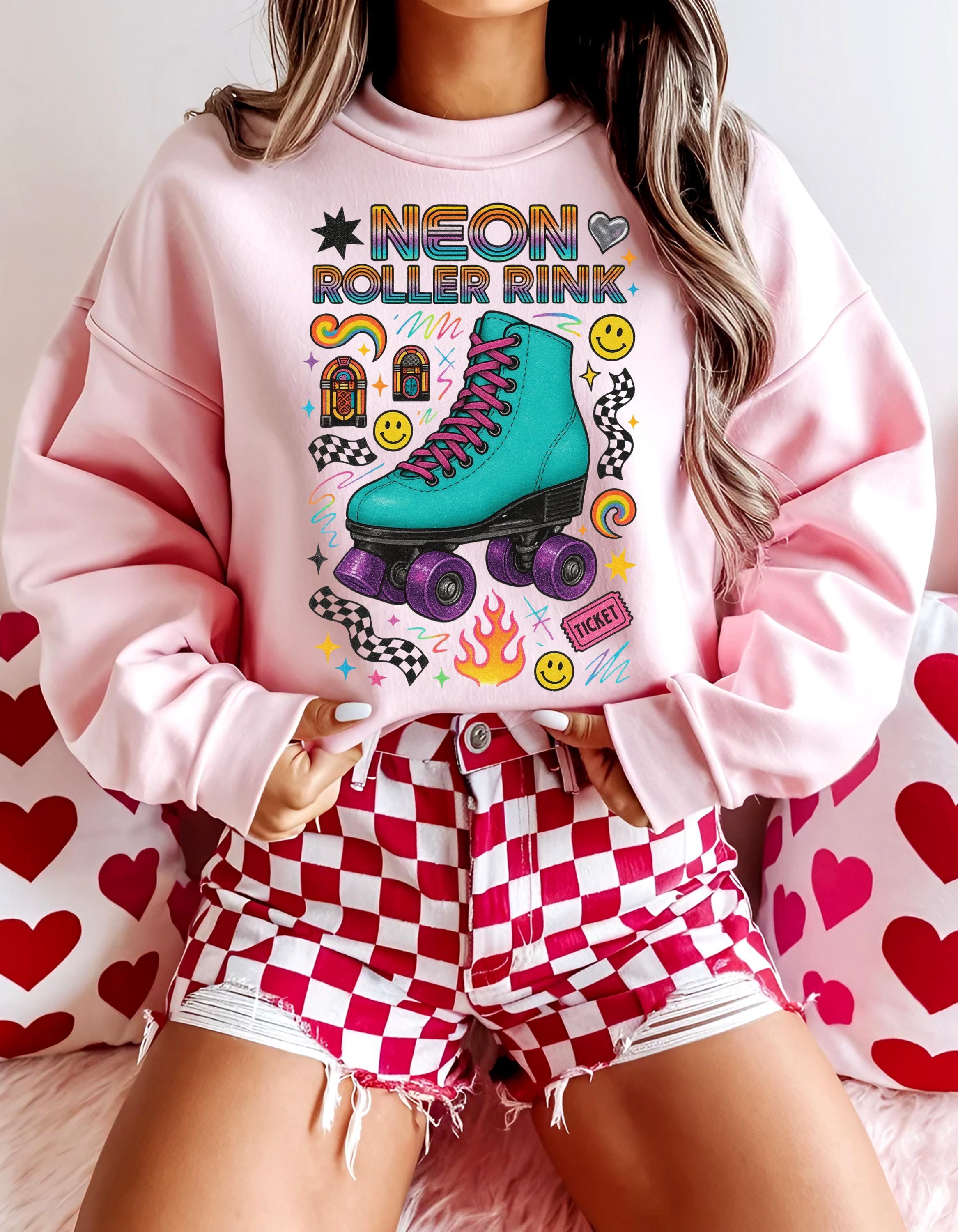 Neon Roller Rink Teal Skate Illustration Sweatshirt | 80s Retro Vintage Derby Pullover Gift