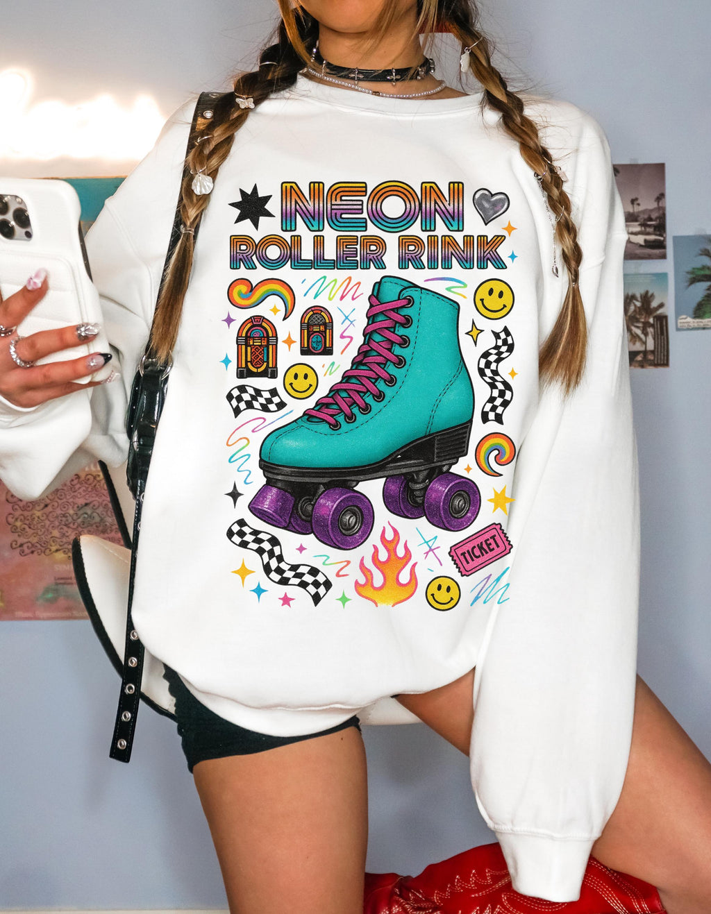 Neon Roller Rink Teal Skate Illustration Sweatshirt | 80s Retro Vintage Derby Pullover Gift