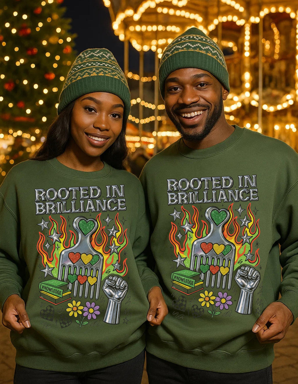 Rooted in Brilliance Sweatshirt | Afro Comb Books Fist Floral Art | Black Power Pride Crewneck