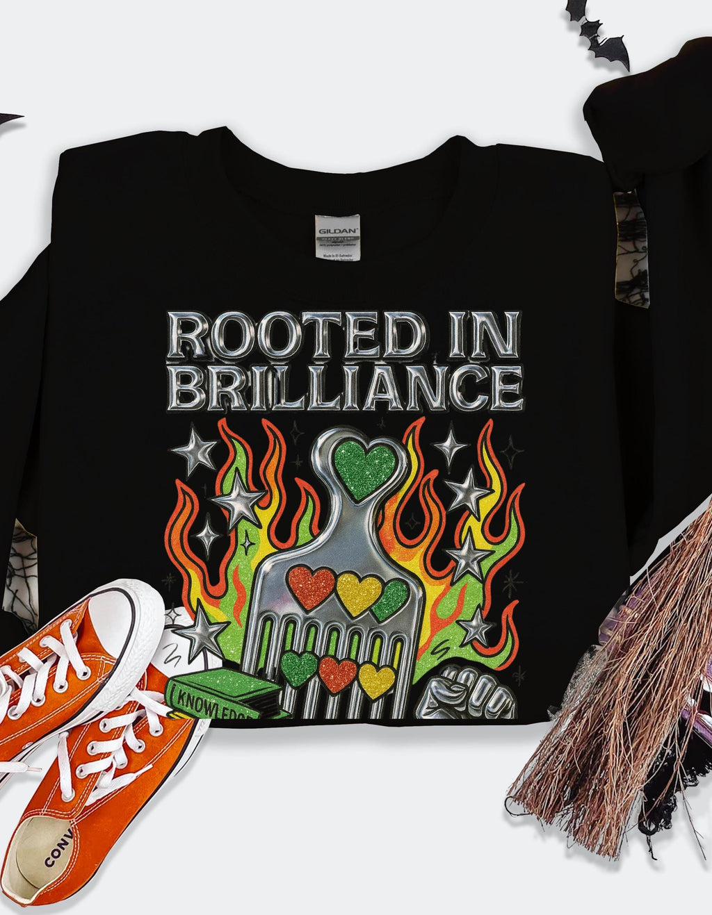 Rooted in Brilliance Sweatshirt | Afro Comb Books Fist Floral Art | Black Power Pride Crewneck