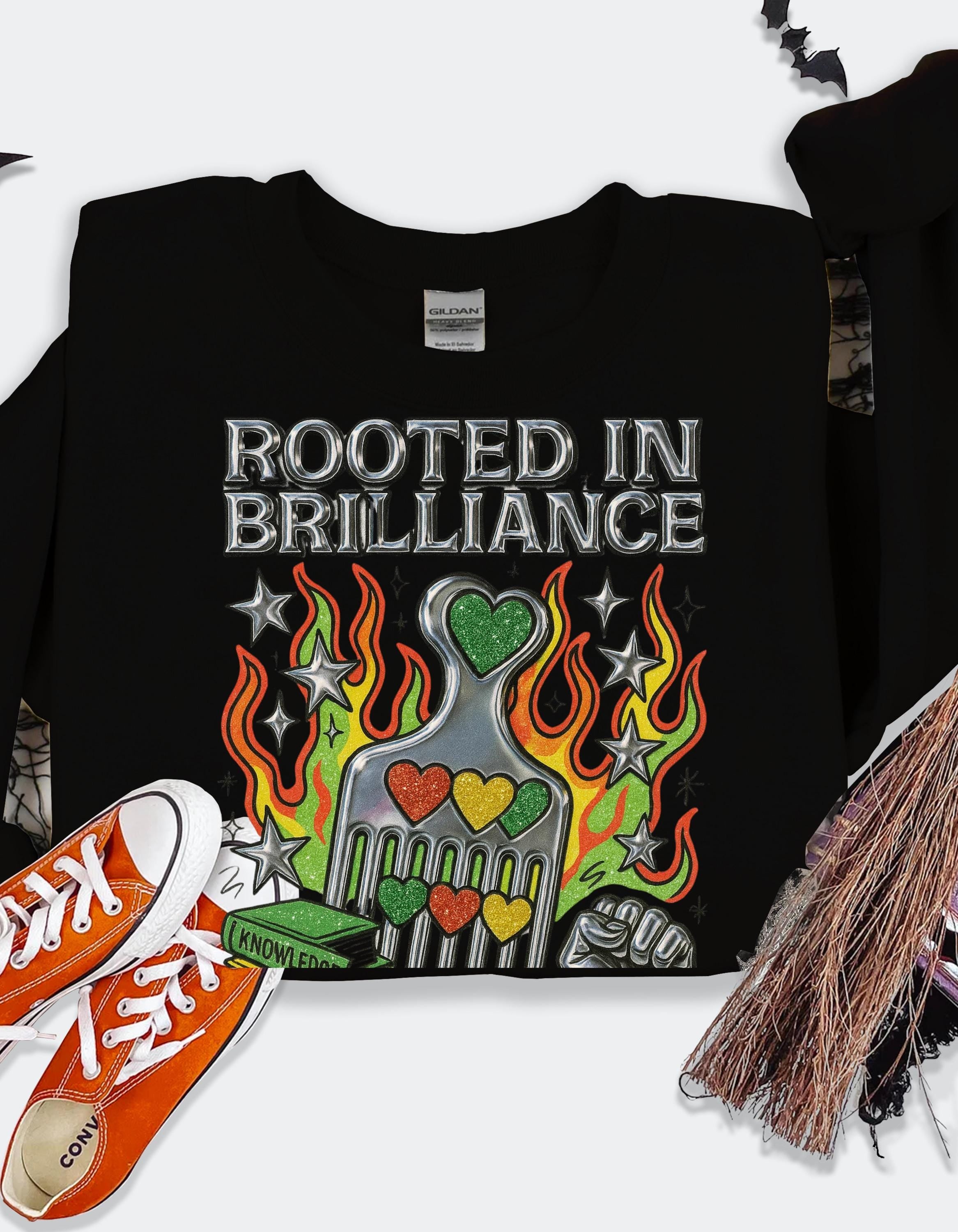 Rooted in Brilliance Sweatshirt | Afro Comb Books Fist Floral Art | Black Power Pride Crewneck