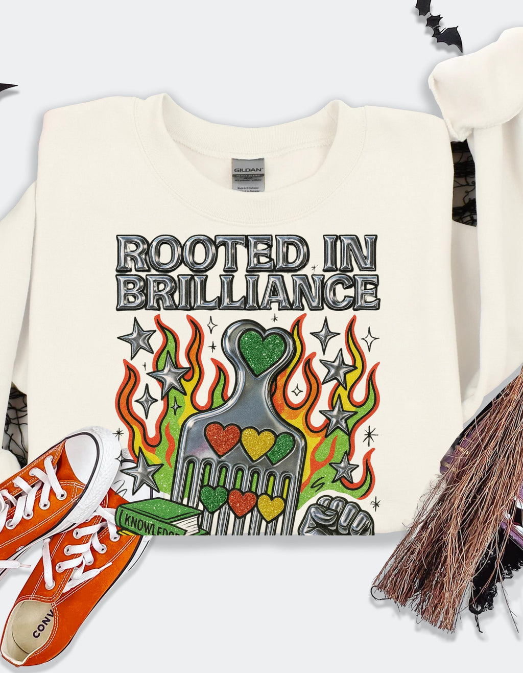 Rooted in Brilliance Sweatshirt | Afro Comb Books Fist Floral Art | Black Power Pride Crewneck