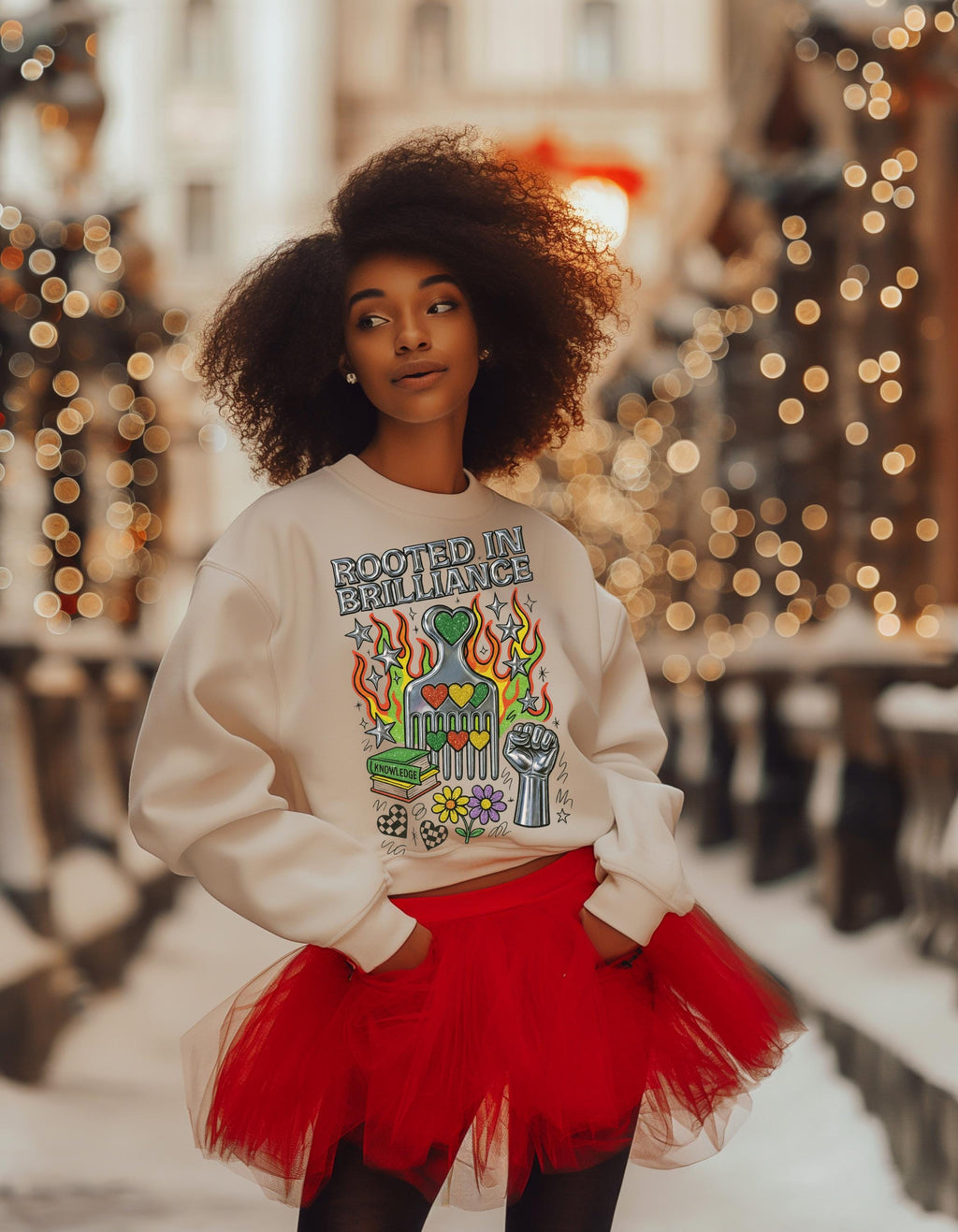 Rooted in Brilliance Sweatshirt | Afro Comb Books Fist Floral Art | Black Power Pride Crewneck