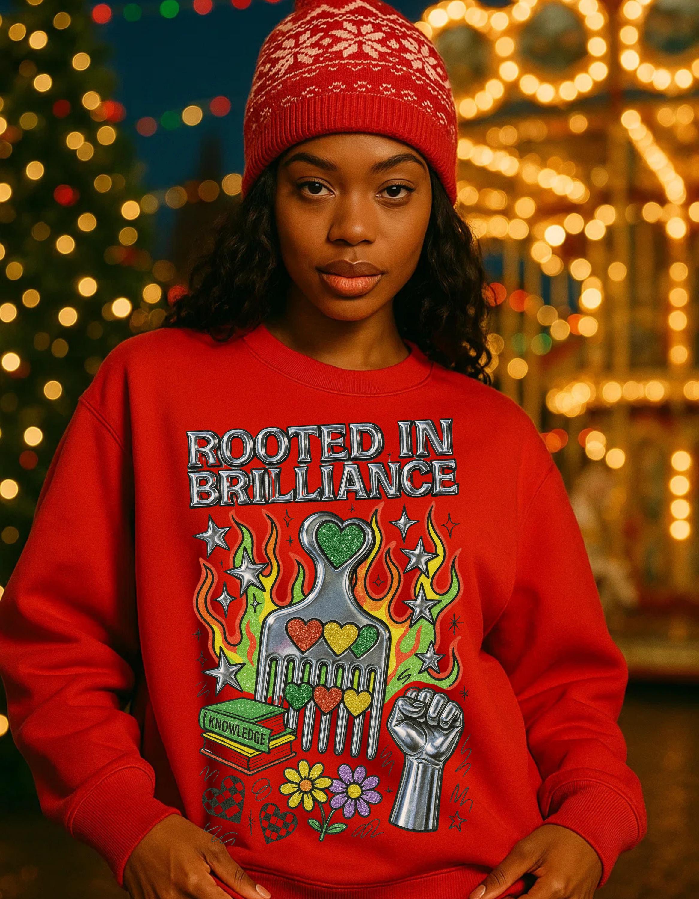 Rooted in Brilliance Sweatshirt | Afro Comb Books Fist Floral Art | Black Power Pride Crewneck