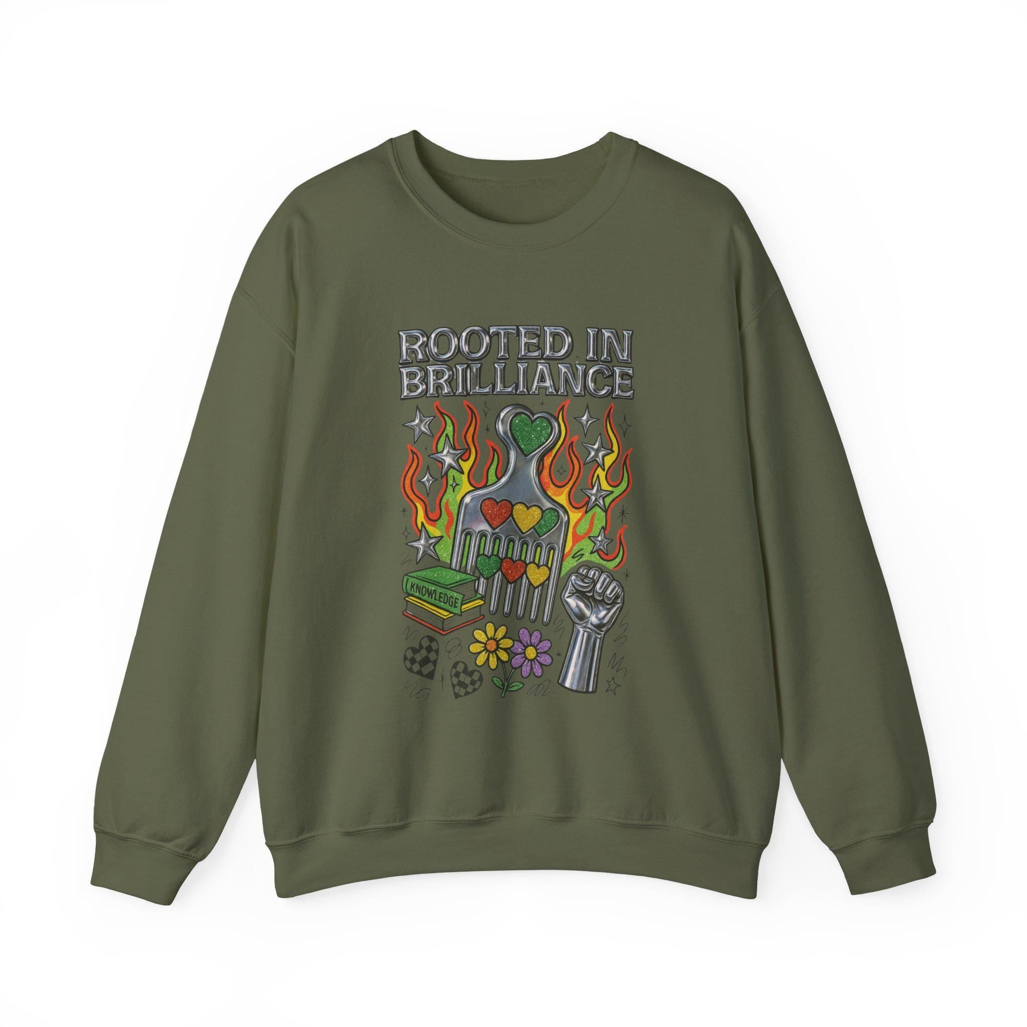 Rooted in Brilliance Sweatshirt | Afro Comb Books Fist Floral Art | Black Power Pride Crewneck