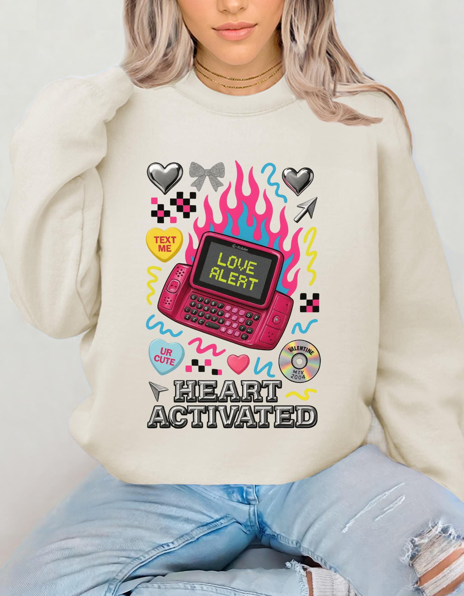Heart Activated Graphic Sweatshirt | Retro Pager Kawaii Pullover