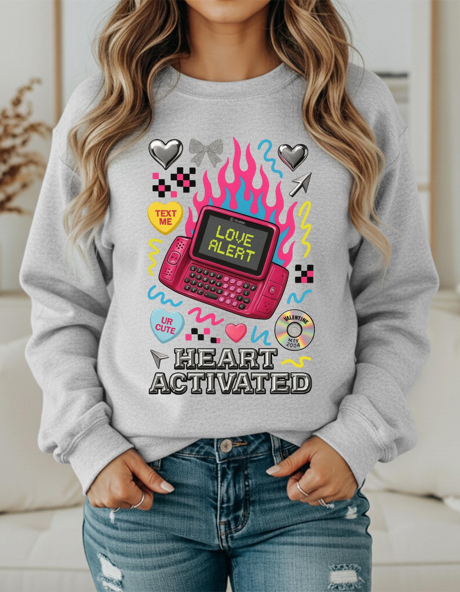 Heart Activated Graphic Sweatshirt | Retro Pager Kawaii Pullover