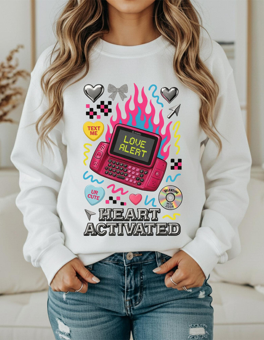 Heart Activated Graphic Sweatshirt | Retro Pager Kawaii Pullover