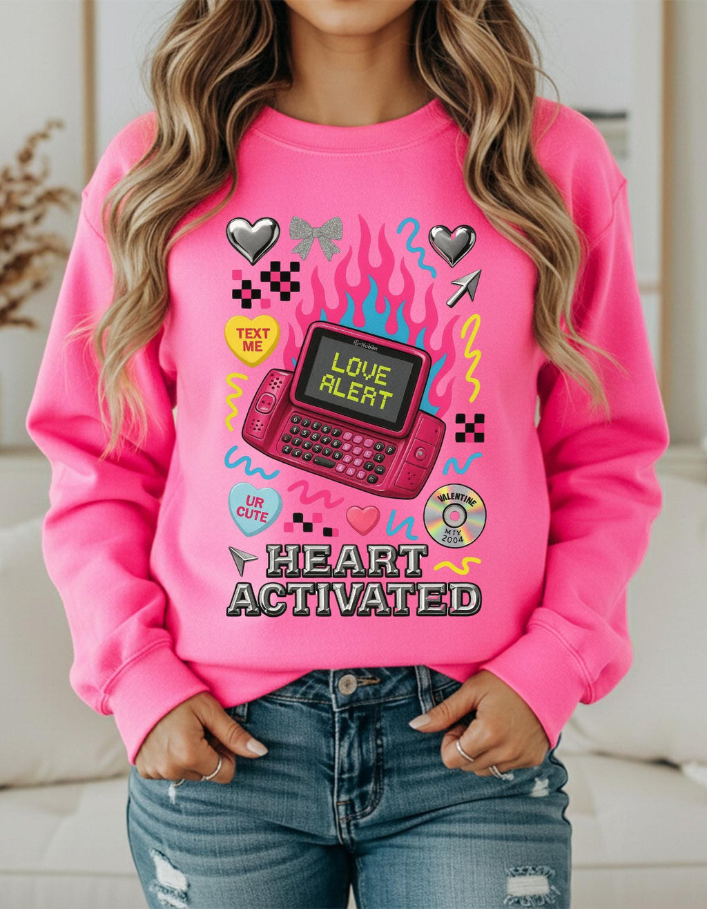 Heart Activated Graphic Sweatshirt | Retro Pager Kawaii Pullover