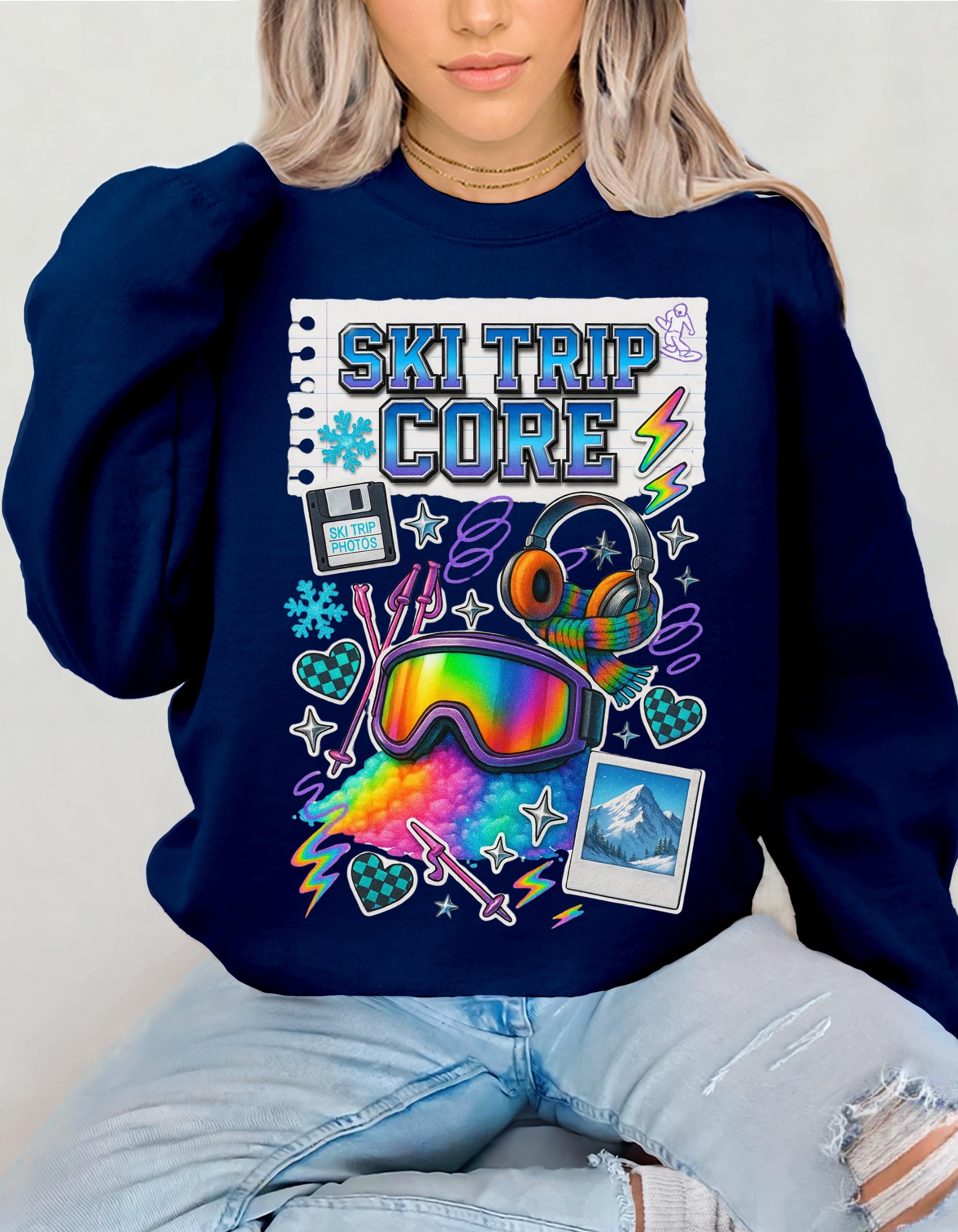 Ski Trip Core Snowboard Goggles Graphic Sweatshirt | Retro Winter Patches Collage Crewneck