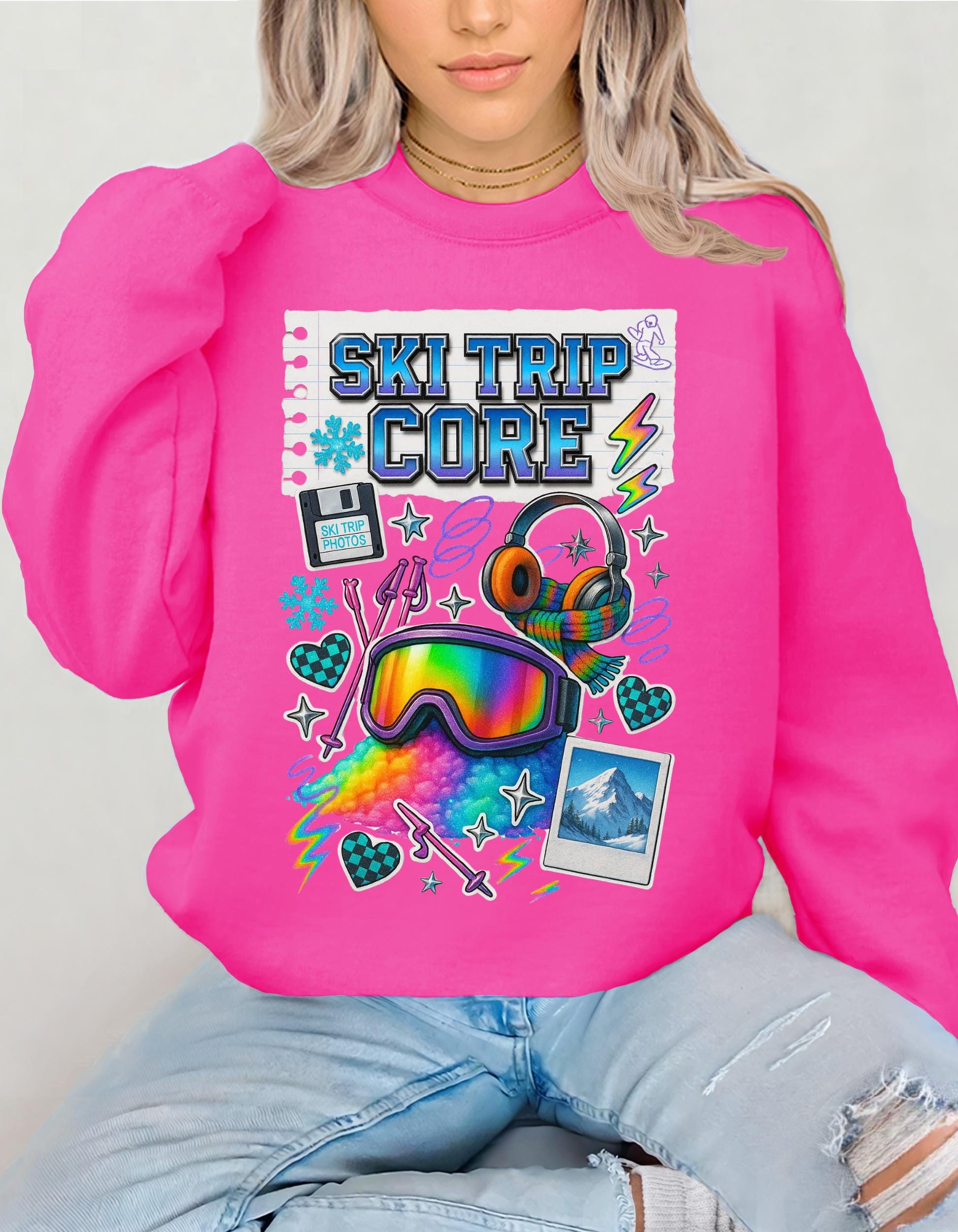 Ski Trip Core Snowboard Goggles Graphic Sweatshirt | Retro Winter Patches Collage Crewneck