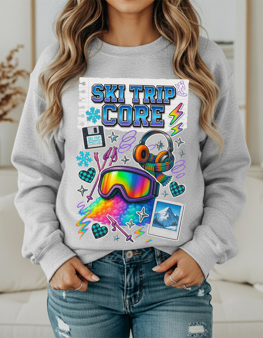 Ski Trip Core Snowboard Goggles Graphic Sweatshirt | Retro Winter Patches Collage Crewneck