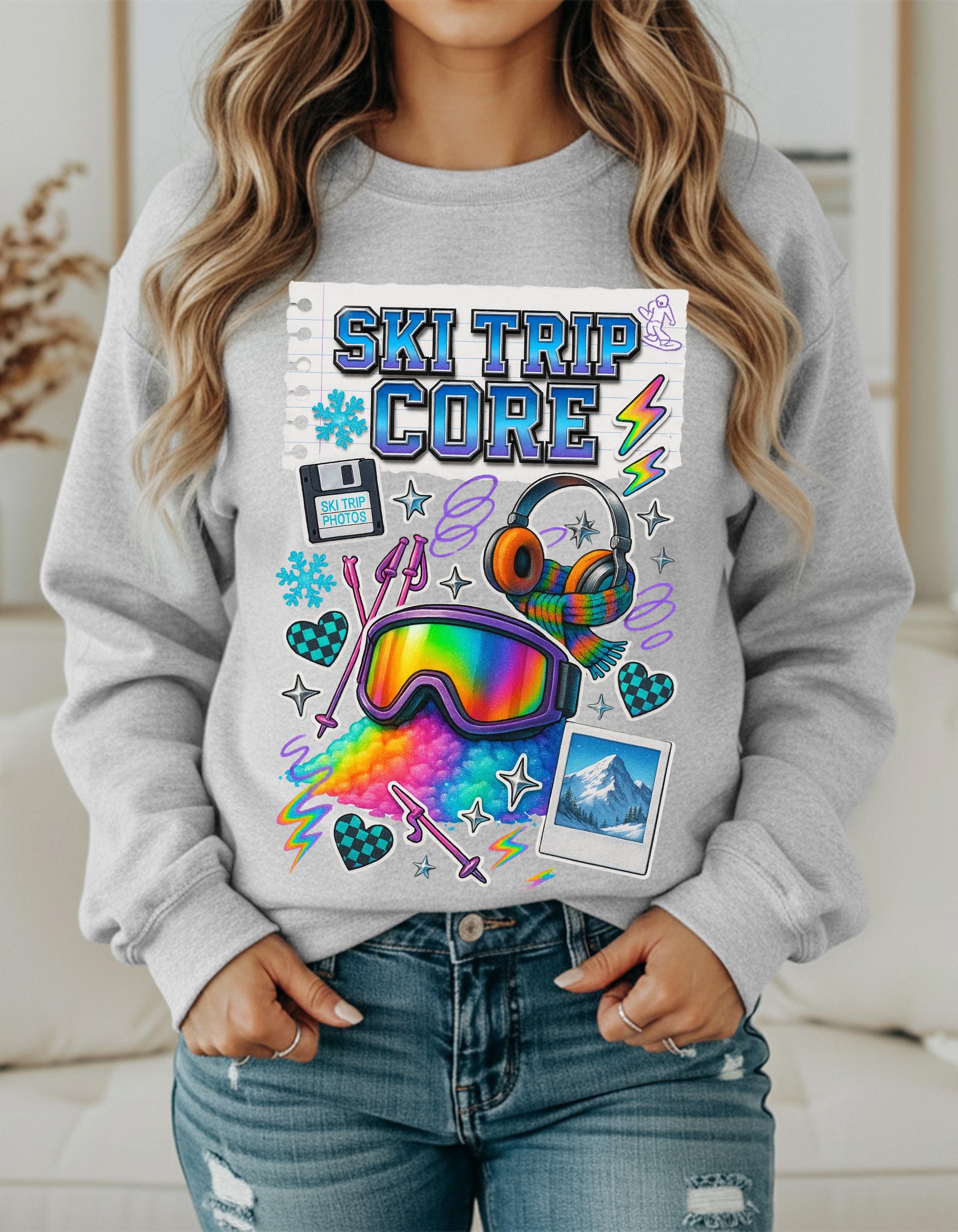 Ski Trip Core Snowboard Goggles Graphic Sweatshirt | Retro Winter Patches Collage Crewneck