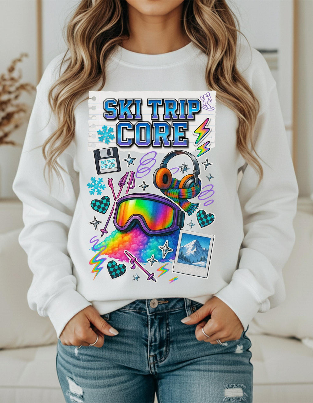 Ski Trip Core Snowboard Goggles Graphic Sweatshirt | Retro Winter Patches Collage Crewneck