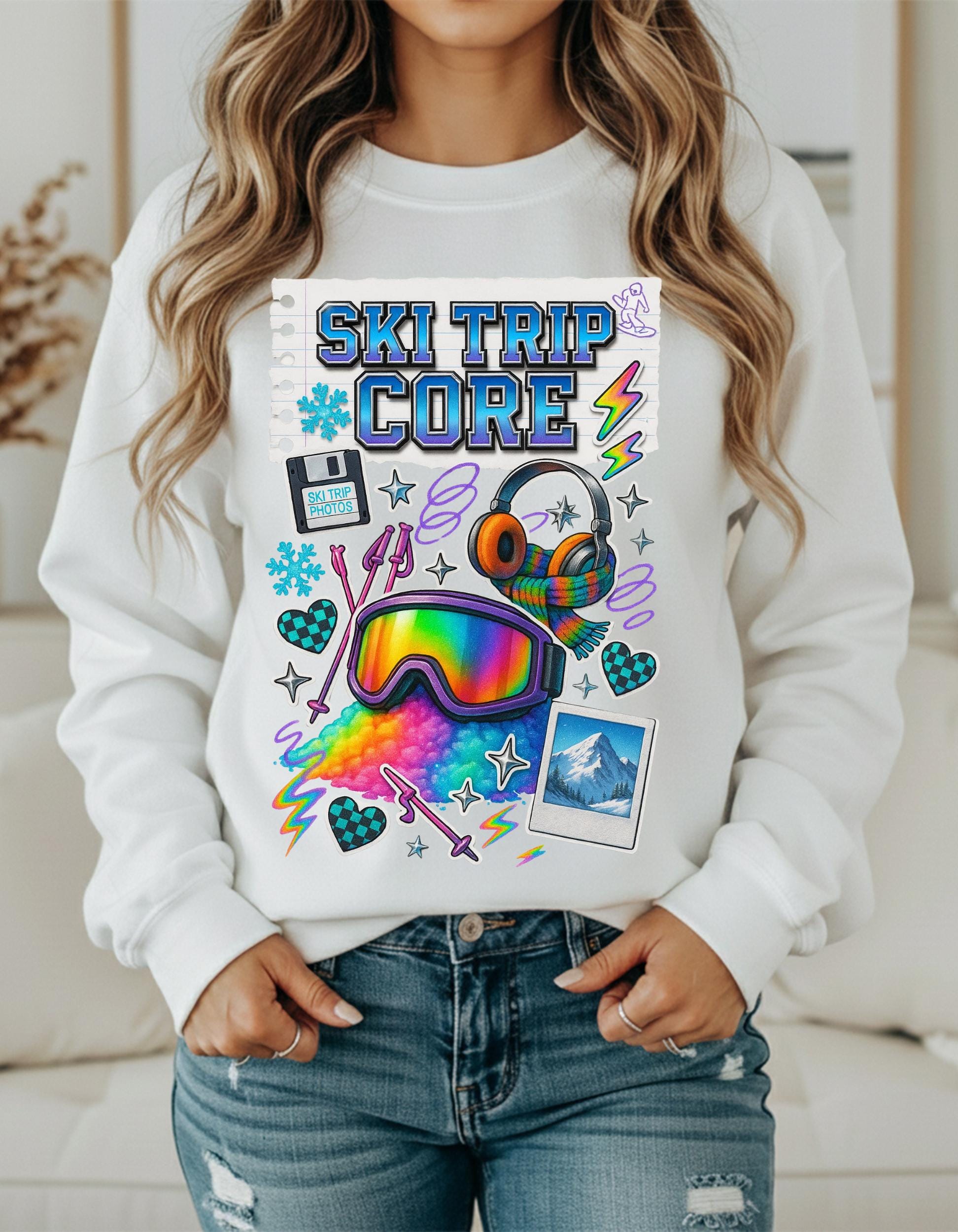 Ski Trip Core Snowboard Goggles Graphic Sweatshirt | Retro Winter Patches Collage Crewneck