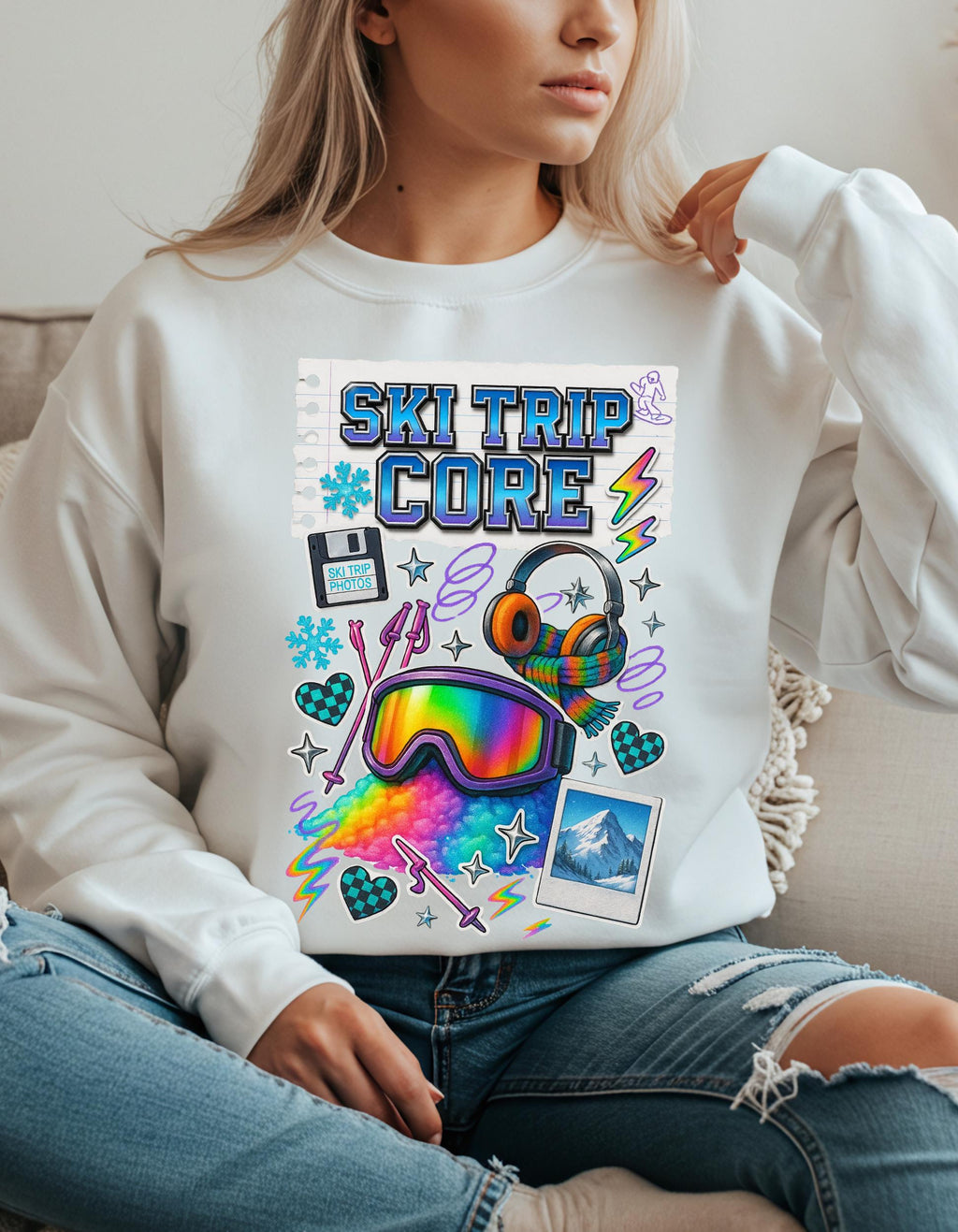 Ski Trip Core Snowboard Goggles Graphic Sweatshirt | Retro Winter Patches Collage Crewneck