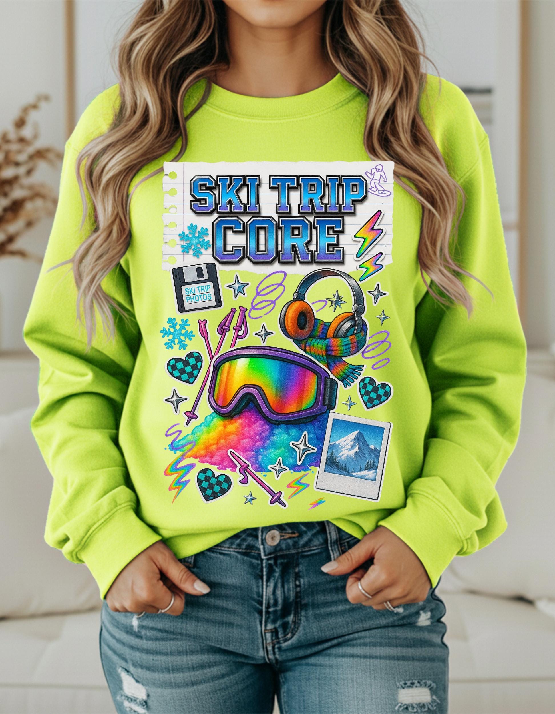 Ski Trip Core Snowboard Goggles Graphic Sweatshirt | Retro Winter Patches Collage Crewneck