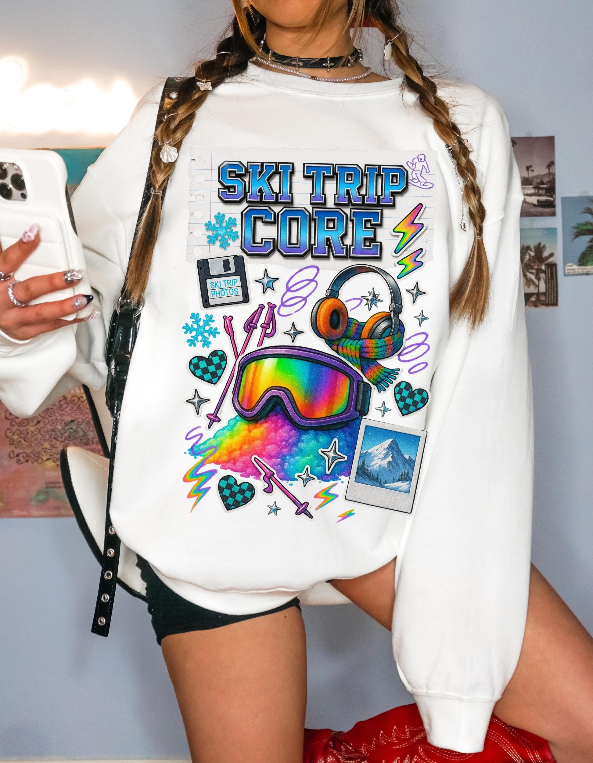 Ski Trip Core Snowboard Goggles Graphic Sweatshirt | Retro Winter Patches Collage Crewneck