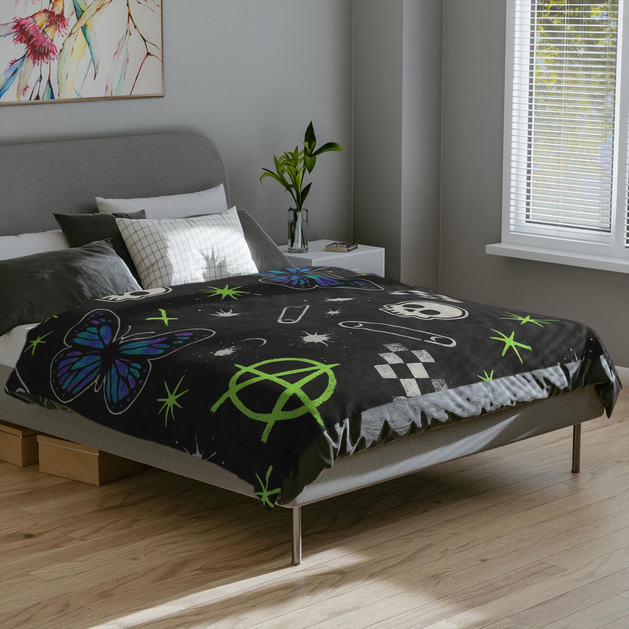Punk Velveteen Blanket | Butterfly Skull, Anarchy & Checker Stars