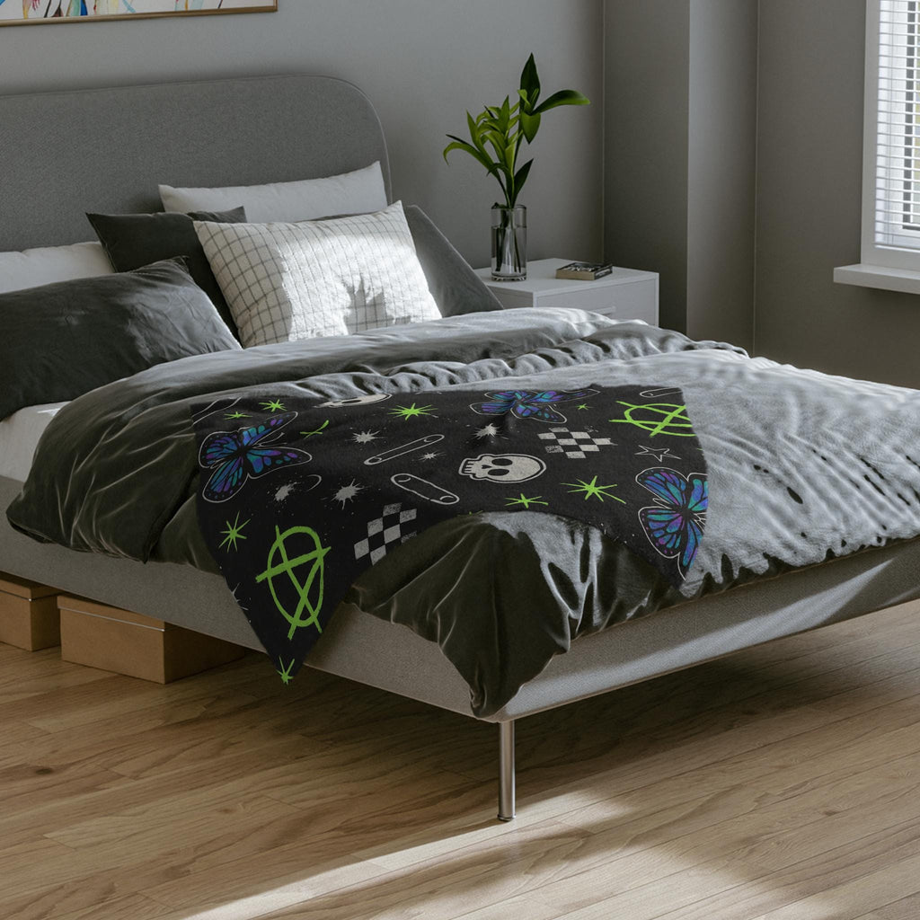 Punk Velveteen Blanket | Butterfly Skull, Anarchy & Checker Stars