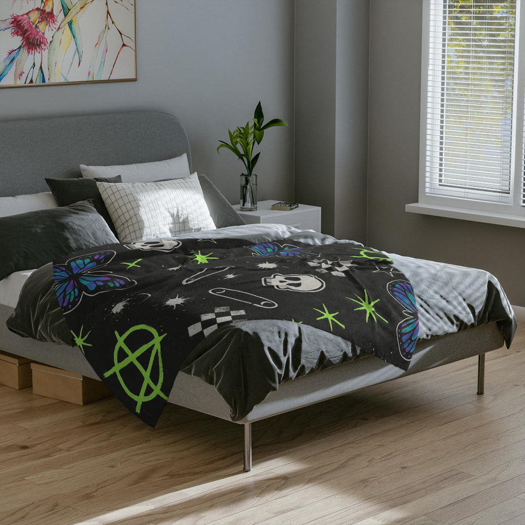 Punk Velveteen Blanket | Butterfly Skull, Anarchy & Checker Stars