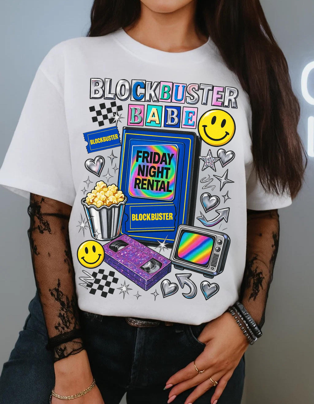 90s video store Babe T-Shirt | Retro VHS Popcorn Arcade Smileys
