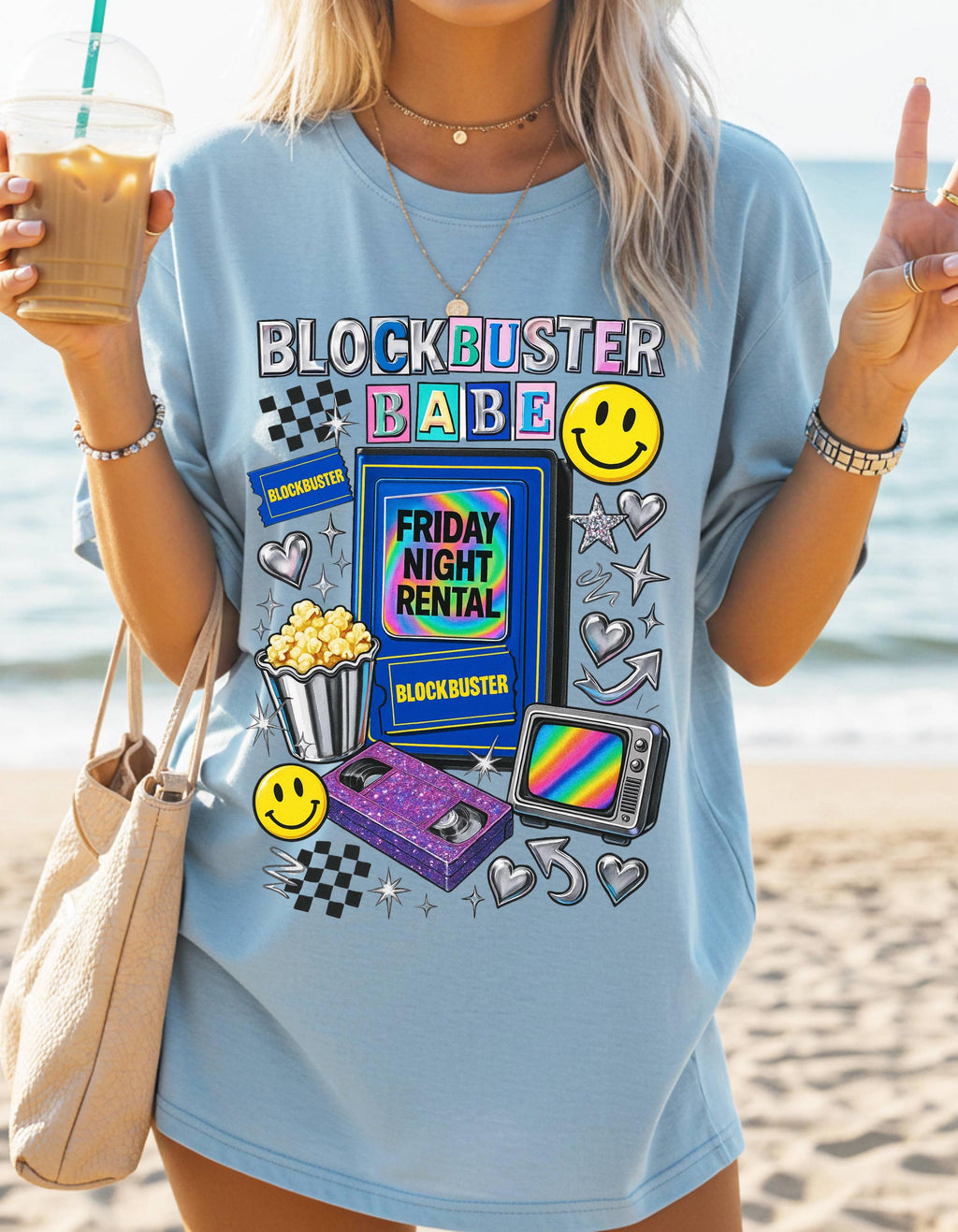 90s video store Babe T-Shirt | Retro VHS Popcorn Arcade Smileys