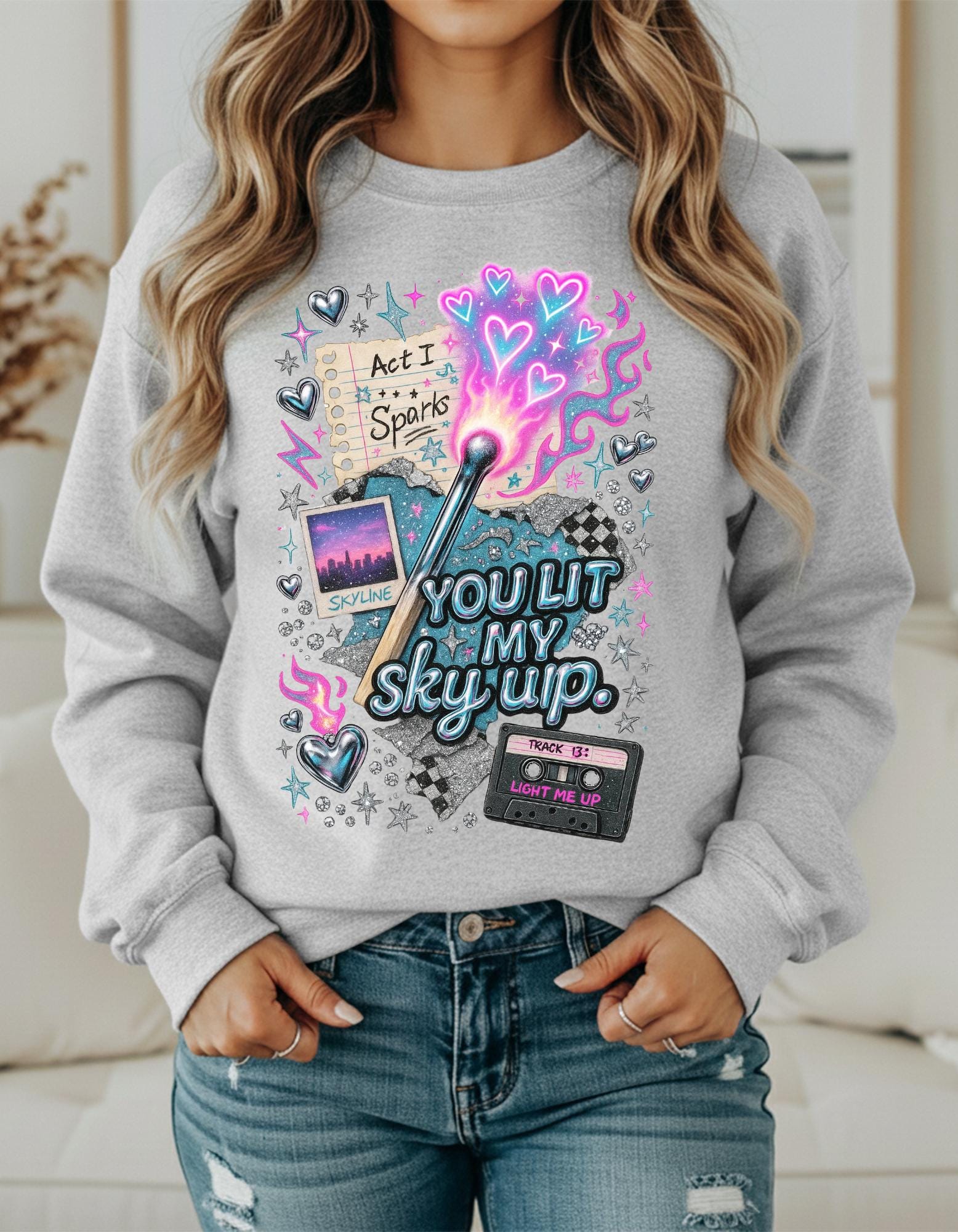 You Lit My Sky Up Sweatshirt - Y2K Love Graphic Crewneck, Retro Cassette Matchstick Shirt, Cozy Nostalgia Gift