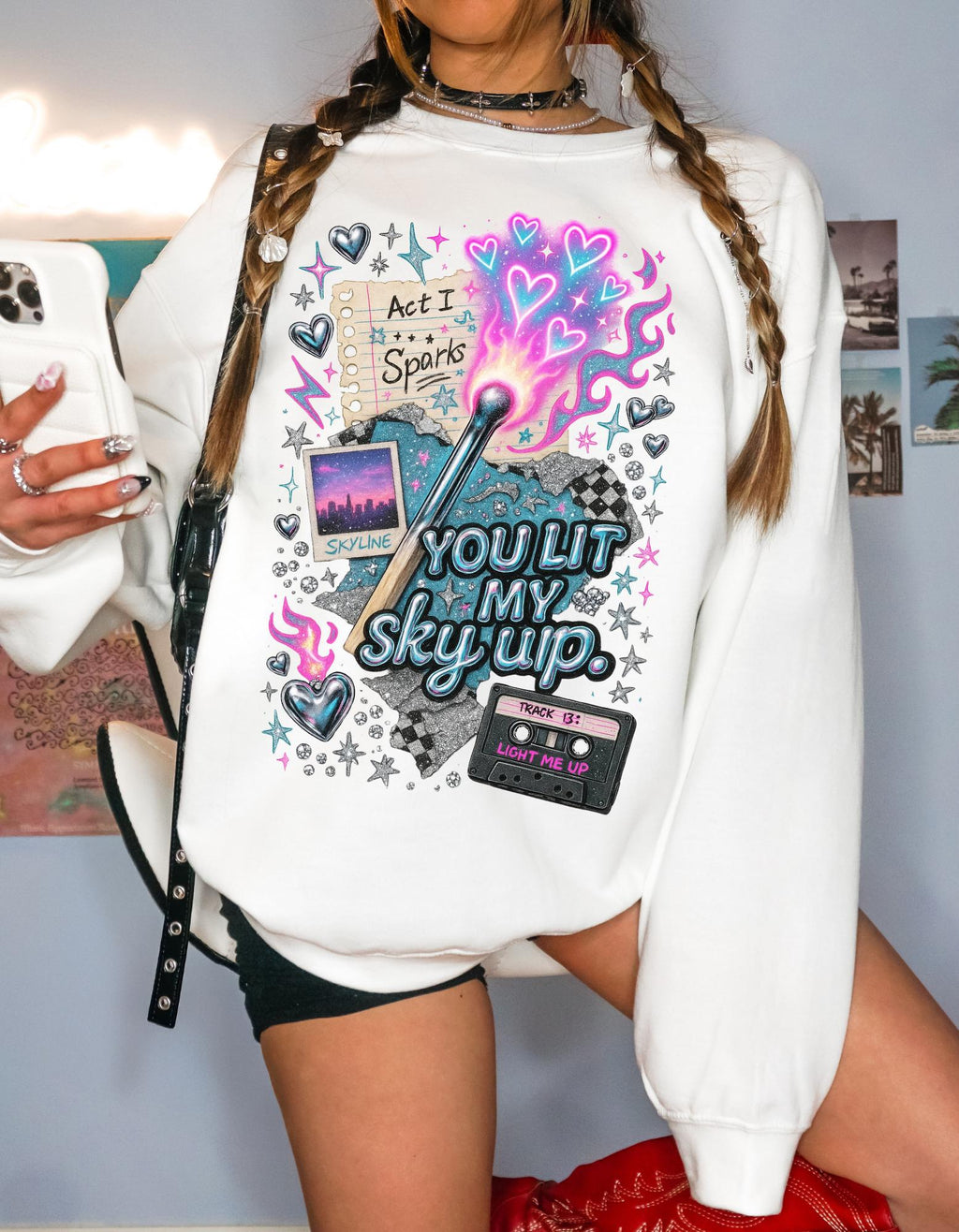 You Lit My Sky Up Sweatshirt - Y2K Love Graphic Crewneck, Retro Cassette Matchstick Shirt, Cozy Nostalgia Gift