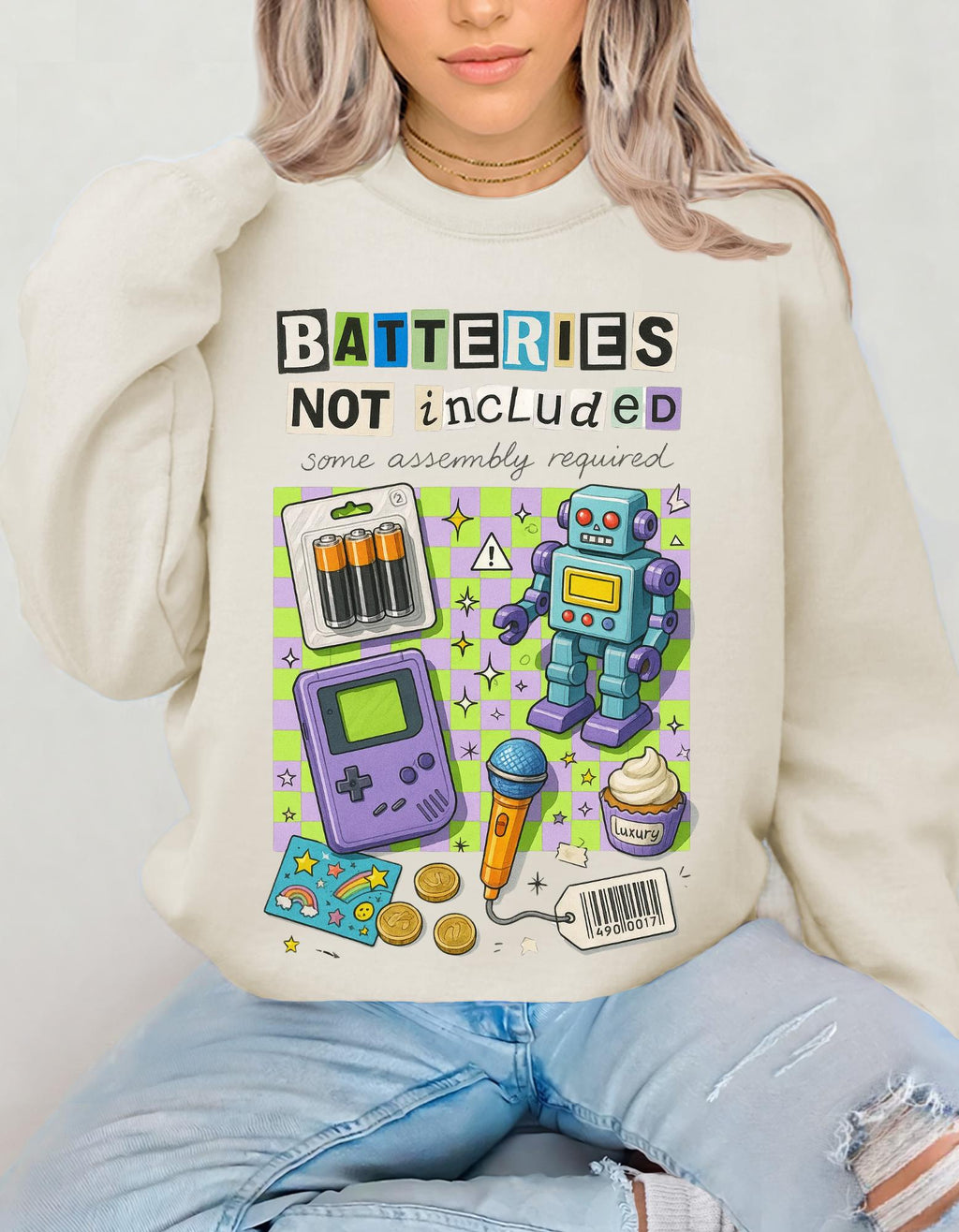 Batteries Not Included Sweatshirt - Y2K Toycore Graphic Crewneck, Retro Robot Gamer Aesthetic Funny Nostalgia Shirt