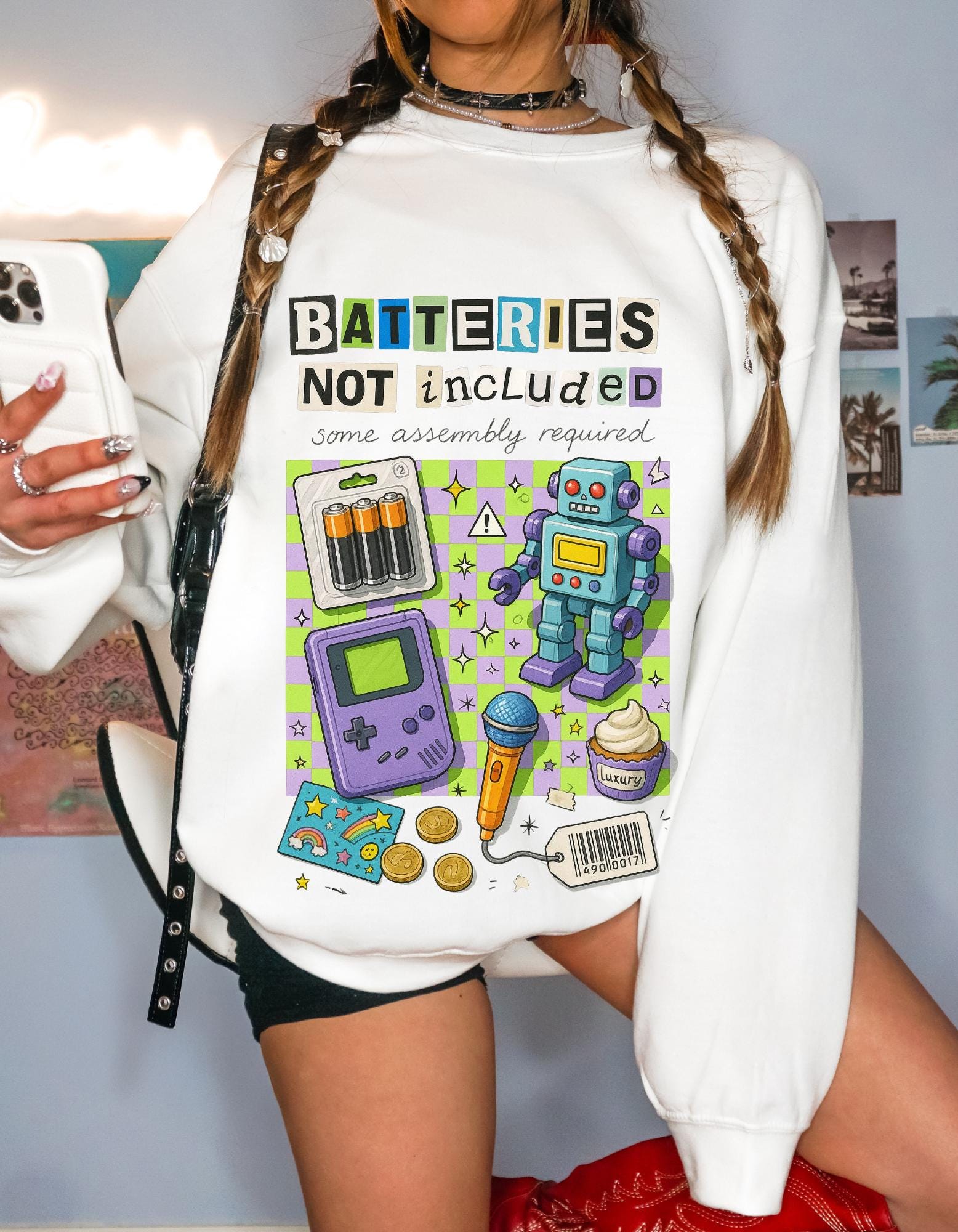 Batteries Not Included Sweatshirt - Y2K Toycore Graphic Crewneck, Retro Robot Gamer Aesthetic Funny Nostalgia Shirt