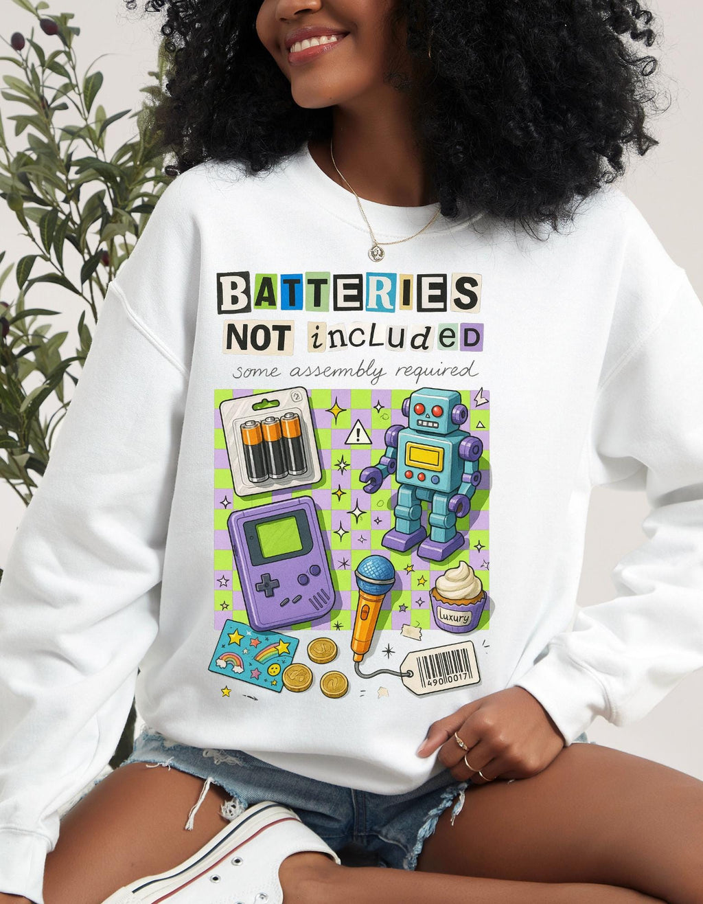 Batteries Not Included Sweatshirt - Y2K Toycore Graphic Crewneck, Retro Robot Gamer Aesthetic Funny Nostalgia Shirt