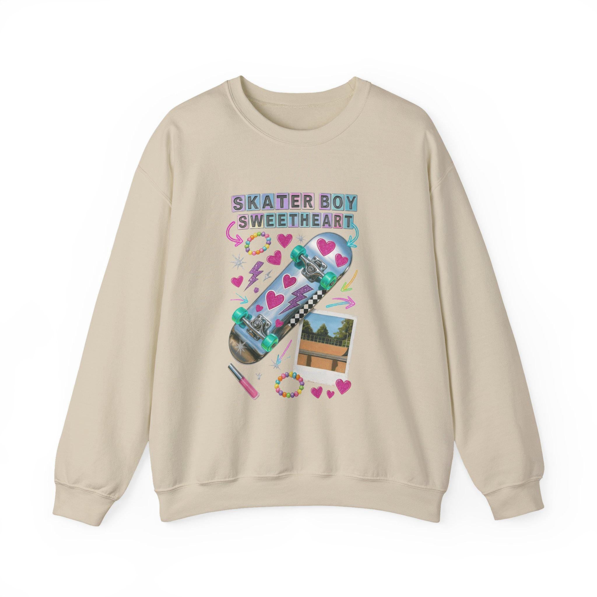 90s Holographic Heart Skater Sweatshirt Vintage Skateboard Crew Neck Unisex Streetwear Gift