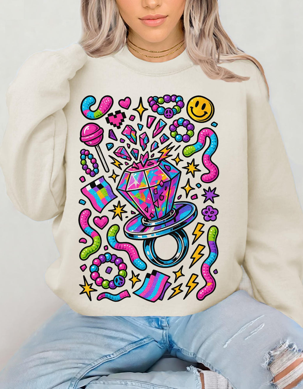 90s Candy Ring Sweatshirt Retro Circle Graphic Vintage Crewneck Pullover Nostalgia Sweet Throwback