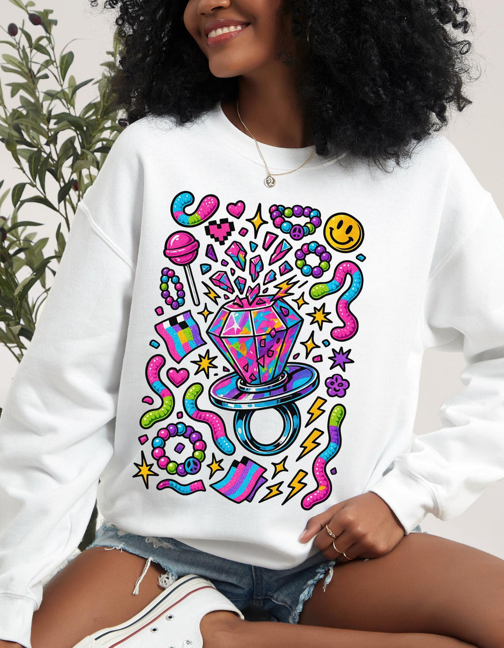 90s Candy Ring Sweatshirt Retro Circle Graphic Vintage Crewneck Pullover Nostalgia Sweet Throwback