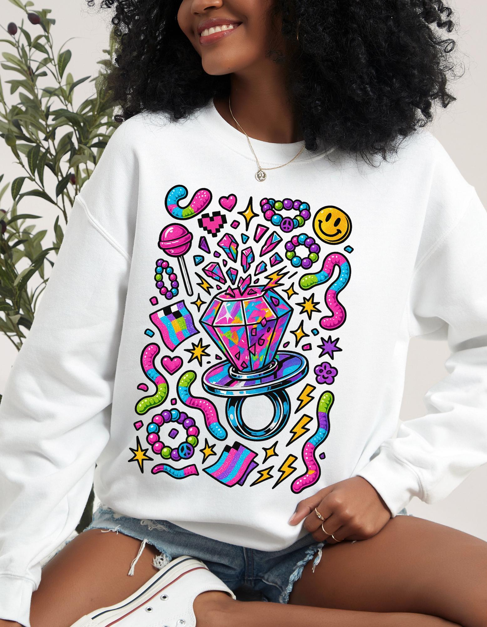 90s Candy Ring Sweatshirt Retro Circle Graphic Vintage Crewneck Pullover Nostalgia Sweet Throwback