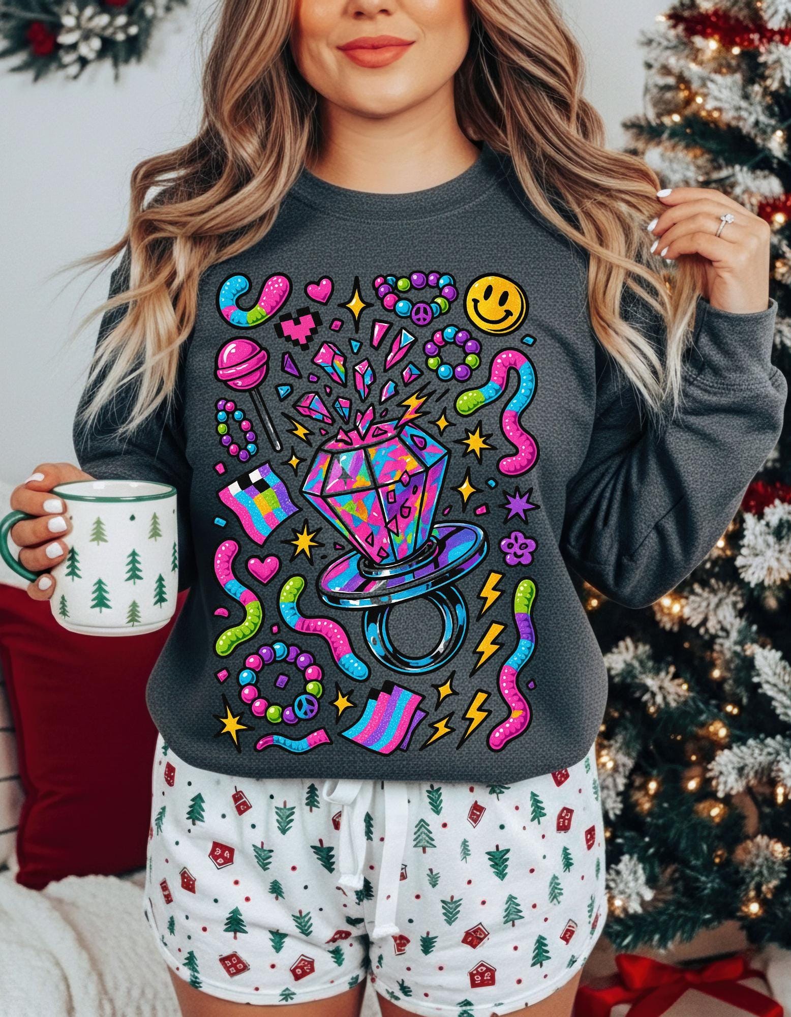 90s Candy Ring Sweatshirt Retro Circle Graphic Vintage Crewneck Pullover Nostalgia Sweet Throwback