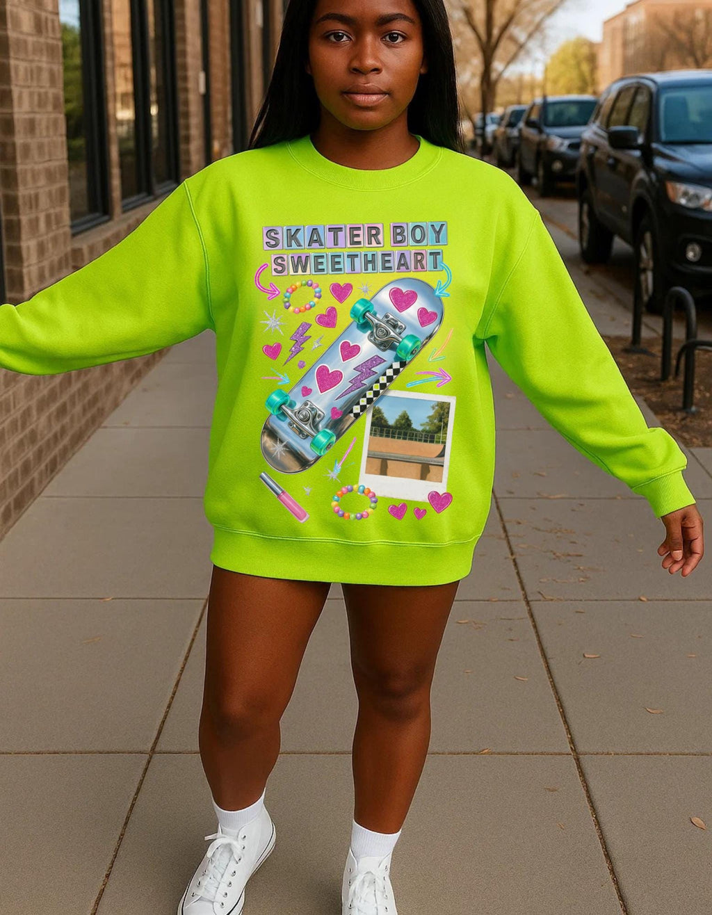 90s Holographic Heart Skater Sweatshirt Vintage Skateboard Crew Neck Unisex Streetwear Gift